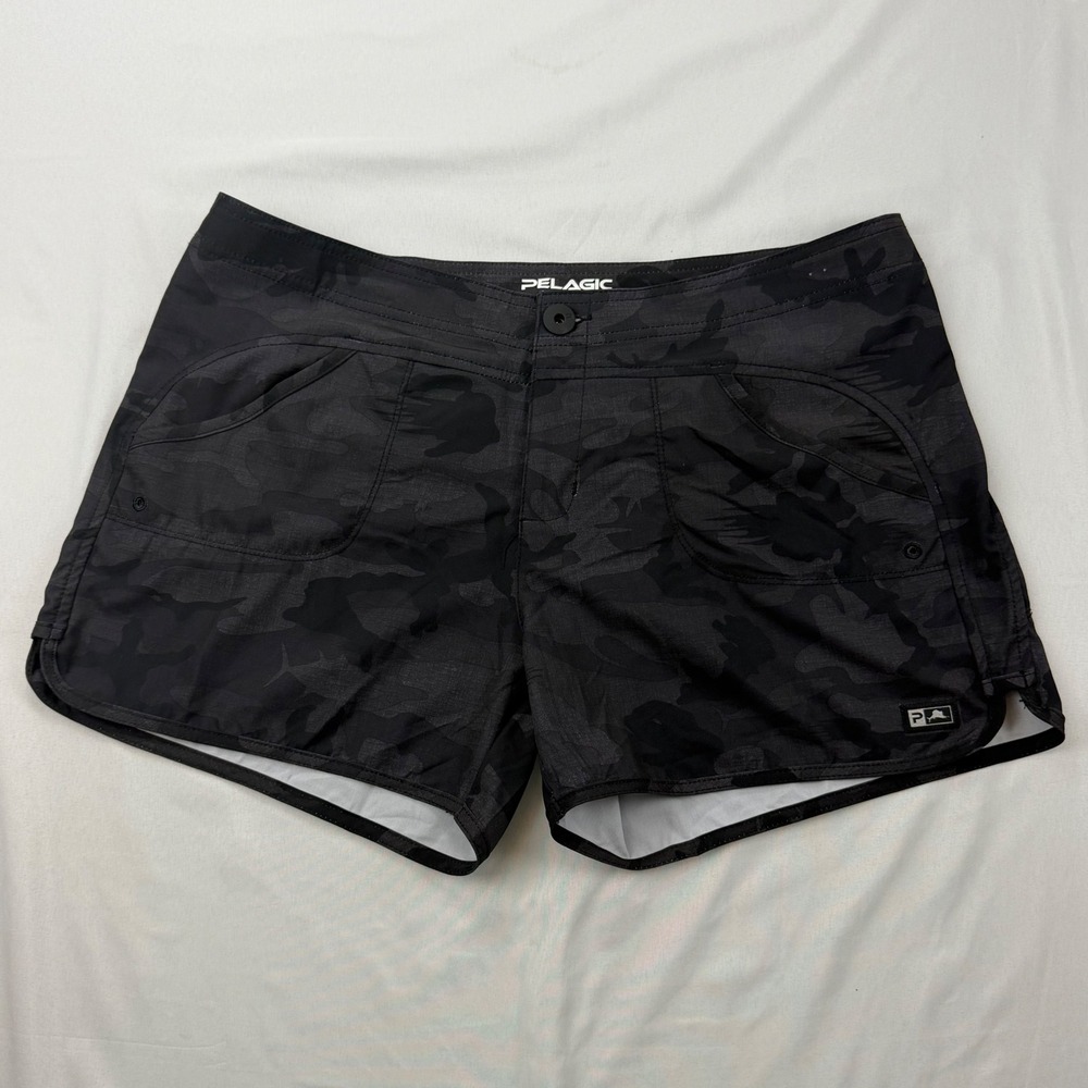 Pelagic Fishing Shorts Women 10 Black Camo Fish Print Board Shorts Activewear